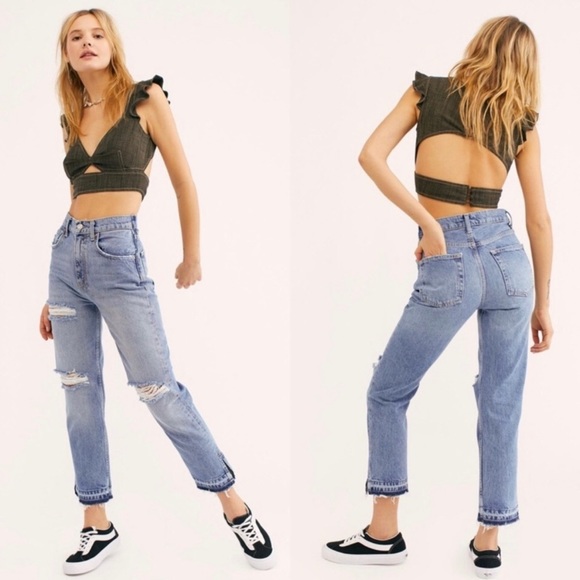 Free People Women’s 27 Denim Jeans Lita Straight Leg Fray Distressed Ripped - Picture 8 of 16